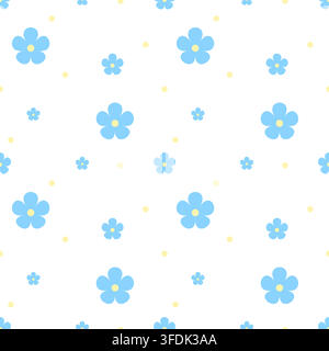 Répétition florale sans couture joyeuse avec des fleurs à cinq pétales bleu ciel et des points jaune pâle sur blanc. Convient pour le tissu, le papier peint, la décoration de chambre d'enfant, st Illustration de Vecteur