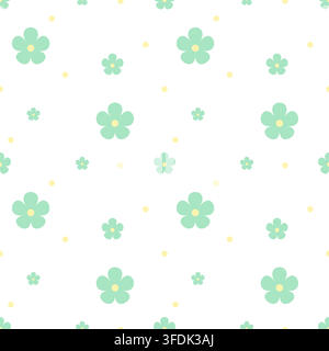 Motif floral sans couture frais présentant des fleurs vert menthe douces et des points jaune pâle sur fond blanc. Une répétition pastel propre pour textiles, papiers peints, emballages Illustration de Vecteur