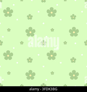 Motif sans couture frais mettant en vedette des fleurs vert sauge douces et des points blancs sur un fond vert clair. Un design ton sur ton inspiré de la nature pour tissu, Illustration de Vecteur