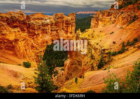 Un plan vertical en hauteur de l'arc naturel spectaculaire de 85 pieds du parc national de Bryce Canyon, dans le sud de l'Utah. L'orange et le rouge ardents des sédiments Banque D'Images