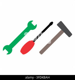 Ensemble d'outils de bricolage avec marteau, clé Allen et tournevis, pour les services de bricolage, le branding des quincailleries et les icônes de maintenance domestique. Illustration de Vecteur