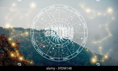 Signes du zodiaque de l'astrologie placés dans un paysage avec des étoiles et des constellations au-dessus des collines Banque D'Images