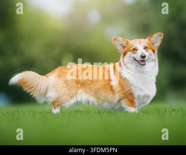 Pembroke Welsh Corgi debout sur de l'herbe verte dans un parc Banque D'Images