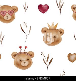 Motif sans couture avec des illustrations aquarellées de visages mignons d'ours en peluche bruns et des cœurs. Motif répétitif de têtes d'ours en peluche avec couronne, cœur Banque D'Images