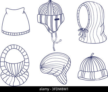 Accessoires d'hiver tricotés pour la tête. Ensemble d'art linéaire. Collection de croquis de Beanie, cagoule, chapeau Ushanka, bonnet et écharpe à capuche. Dessinés à la main et isolés pour Illustration de Vecteur