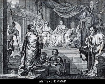 Une gravure de 1824 par Dent d'après Paul Before Felix Burlesqued de William Hogarth. Une réinterprétation satirique du procès biblique, montrant l'apôtre Paul gesticulant dramatiquement devant un Félix visiblement nerveux et une cour romaine remplie de caricatures. Publié à l'origine en 1824 par J. Goodwin de Upper Thames Street, Londres, sous le titre The Works of Mr. Hogarth Moralized. Banque D'Images