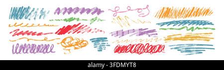 Soulignements au fusain, gribouillis colorés et traits de pinceau ondulés. Lignes bouclées et gribouillis dessinés à la main par des enfants. Penser à la craie au crayon et rayures rugueuses, traits au crayon libre sur fond blanc Illustration de Vecteur