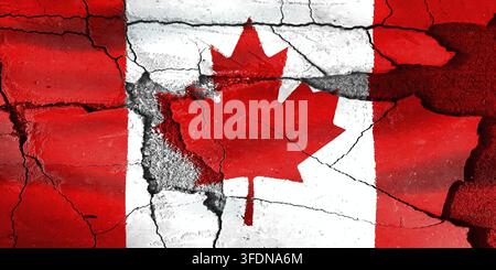 Drapeau du Canada peint sur de l'asphalte fissuré montrant la crise et la division nationales Banque D'Images
