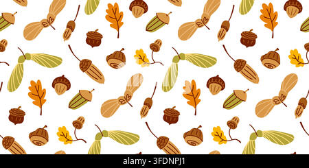 Motif sans couture automnal avec des glands, des graines ailées d'érable, des feuilles de chêne, de petites capsules de graines et des brindilles délicates dispersées sur un fond blanc, dessiné à la main Illustration de Vecteur