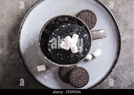 Close-up d'un gâteau au chocolat avec des guimauves et du sucre en poudre pour un dessert fait maison, vue de dessus Banque D'Images