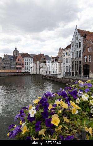 Des fleurs colorées encadrent un canal bordé de maisons flamandes historiques et de façades traditionnelles sous un ciel nuageux dans le vieux centre de Bruges Brugge West Banque D'Images