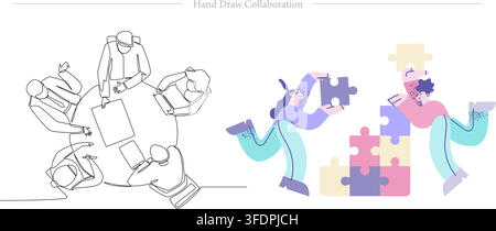 Ensemble d'illustrations vectorielles de collaboration commerciale dessinée à la main mettant en scène une réunion en plancher rond et des membres d'équipe reliant des pièces de puzzle colorées Illustration de Vecteur
