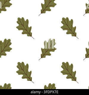 Motif sans couture de feuilles de chêne vert olive avec feuillage dispersé sur blanc, comprenant des détails bruns naturels, des formes de feuilles variées et une répétition botanique simple Illustration de Vecteur