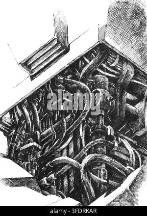 Illustration au trait d'encre dessinée à la main représentant des câbles, fils et tuyaux industriels complexes à l'intérieur d'une structure mécanique. Concept cyberpunk et biomécanique. Banque D'Images