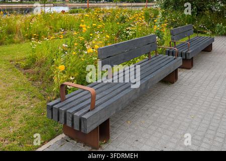 Bancs en bois modernes à côté d'une verdure colorée dans un espace public paysagé au bord de l'eau d'une ville Banque D'Images