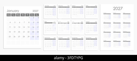 Calendrier 2027 avec début de semaine le lundi. Planificateur de 12 pages et l'année entière sur une seule page. Conception vectorielle. Illustration de Vecteur
