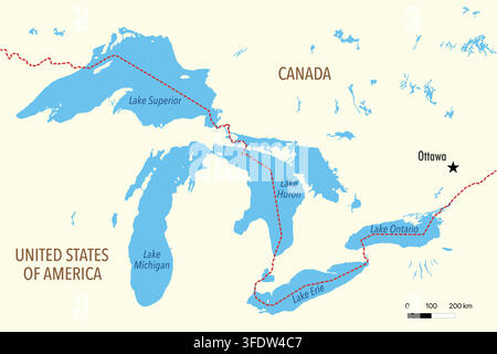 Carte des Grands Lacs d'Amérique du Nord montrant les lacs Supérieur, Michigan, Huron, Érié et Ontario Illustration de Vecteur