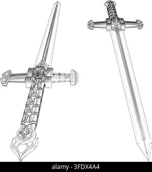 Vecteur épée antique en forme de crâne. Épée gothique avec crâne sur la poignée. Illustration isolée sur fond blanc. Illustration de Vecteur