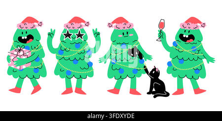 Ensemble de personnages drôles d'arbre de Noël en vecteur Illustration de Vecteur