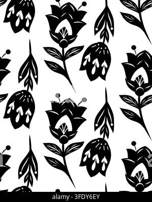 Motif monochrome vectoriel avec des fleurs d'art populaire sur fond blanc. Texture sans couture avec silhouette noire de fleurs sauvages. Fond floral pour mur Illustration de Vecteur