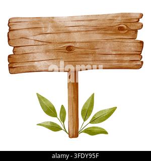 Panneau en bois aquarellé avec des feuilles vertes fraîches. Modèle de panneau publicitaire vierge isolé sur fond blanc pour le branding éco, la conception de jardin, le mariage rustique Banque D'Images