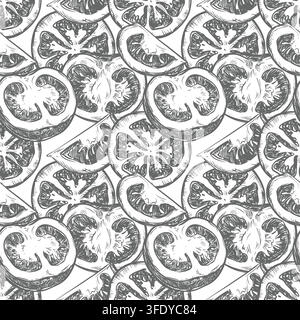 Un motif sans couture de tranches de pomidoro. Un fond pour les emballages et les textiles. Des tranches rondes, des moitiés et des morceaux de tomate les uns sur les autres. Un croquis vectoriel en style d'encre rétro. Illustration de Vecteur