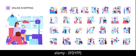 Ensemble d'illustrations vectorielles pour le shopping en ligne avec une femme achetant des vêtements et des chaussures sur un ordinateur portable, cartes de produits, paiement, livraison, application mobile, caisse, commerce de détail et services de commerce électronique Illustration de Vecteur