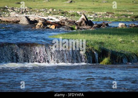 Vallée de l'Orkhon, Mongolie - 5 août 2026 : une petite cascade dévale une rive riveraine moussue. Banque D'Images