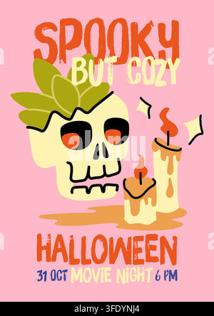 Affiche vectorielle dessinée à la main avec crâne et bougies d'Halloween pour une soirée cinéma Illustration de Vecteur