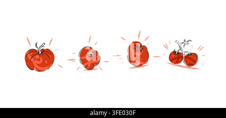 Ensemble de vecteurs de tomates rouges fraîches, collection de tomates mûres dessinées à la main, illustrations botaniques de légumes de ferme biologique et d'aliments sains Illustration de Vecteur