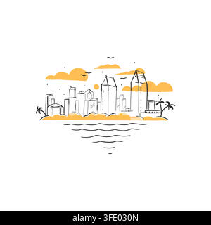 C Skyline moderne d'une ville côtière avec palmiers, illustration vectorielle dessinée à la main, paysage urbain tropical en bord de mer et art linéaire d'architecture urbaine Illustration de Vecteur