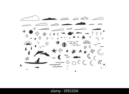 Ensemble d'éléments de gribouillage d'océan d'été dessinés à la main avec des vagues, des nuages, le soleil, la lune, des dauphins, des oiseaux et des étoiles, collection vectorielle nautique de plage côtière Illustration de Vecteur