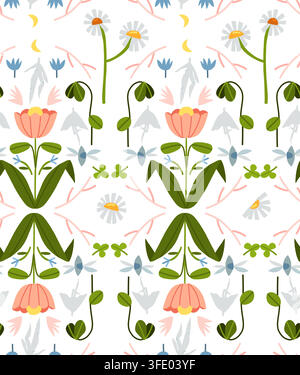 Motif floral sans couture avec des fleurs sauvages colorées, des feuilles botaniques, des papillons et des silhouettes féminines, vecteur moderne de nature printanière d'art populaire Illustration de Vecteur