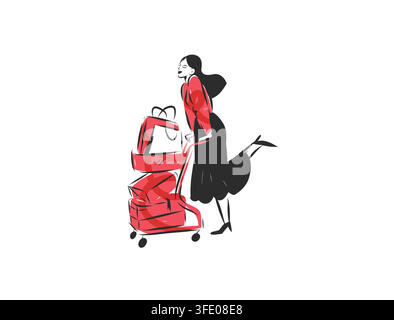 Femme faisant ses courses avec un chariot plein de sacs et de boîtes cadeaux, promotion de vente et de rabais, achats de vacances du Black Friday et illustration de vente au détail Illustration de Vecteur