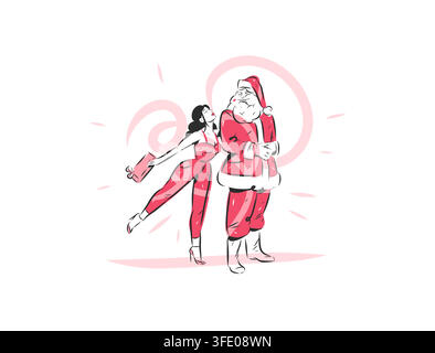 Père Noël et femme avec cadeau de Noël, achats de vacances et vente de Noël, promotion festive, célébration du Nouvel An Illustration vectorielle dessinée à la main Illustration de Vecteur