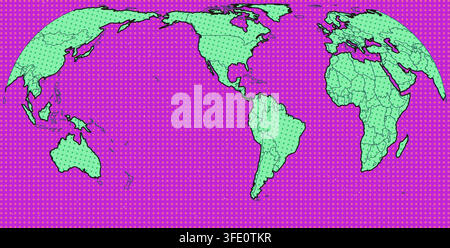 Cerise carte du monde de l'Amérique du Nord rendue en pop art avec impression héliographique vintage avec points Ben-Day et contours audacieux pour poster décoratif encadré d'art mural Illustration de Vecteur