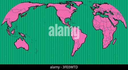 Carte du monde pop art dans une palette émeraude magenta Amérique du Nord style pop art avec impression hachurée vintage avec points Ben-Day et contours audacieux pour poster Illustration de Vecteur