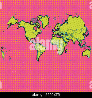 Coucher de soleil Atlantique carte du monde pop art avec impression héliographique vintage avec points Ben-Day et contours audacieux pour une décoration murale moderne et un affichage de design d'intérieur Illustration de Vecteur