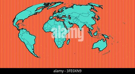 carte du monde abstraite orange et bleu-vert du Moyen-Orient en art pop montrant une impression hachurée vintage avec points Ben-Day et contours audacieux pour une affiche de décoration imprimée Illustration de Vecteur