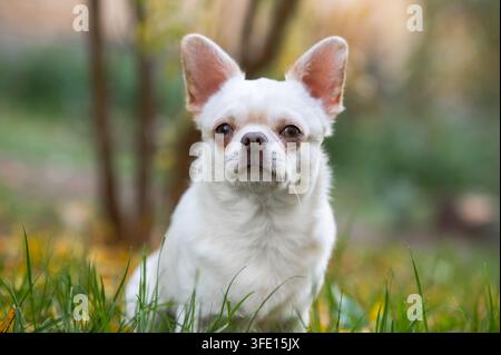 Chihuahua à poils courts blanc assis sur de l'herbe verte en automne Banque D'Images