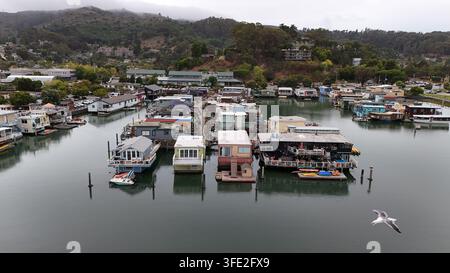 Vue aérienne de la communauté des maisons flottantes avec des habitations amarrées dans la baie calme, entourées de collines luxuriantes sous un ciel nuageux à Sausalito, Californie Banque D'Images