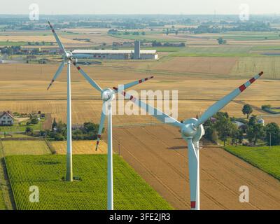 Vue aérienne de turbines éoliennes implantées dans des champs agricoles avec des cultures vertes et du blé doré en Pologne. Banque D'Images
