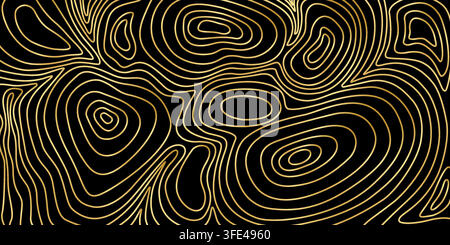 Texture en bois de couleur or sur fond noir. Impression topographique dorée de luxe. Cercles et courbes concentriques brillants. Papier peint premium élégant. Illustration vectorielle. Illustration de Vecteur
