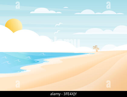 Illustration d'une plage tropicale avec eau de mer bleue, sable, soleil, nuages, oiseaux volants, palmiers et vue sur le rivage Illustration de Vecteur