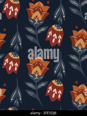 Motif décoratif vectoriel avec fleurs d'art populaire sur fond sombre. Texture sans couture avec des fleurs sauvages en traçage. Motif floral pour papier peint et emballage Illustration de Vecteur