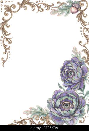 Cadre gothique avec fleur œil et feuilles de chêne avec gland. Fond vertical opulent aquarellé dessiné à la main avec pivoine violette et filigrane antique dorée. Graphique botanique pour un design mystique d'Halloween. Banque D'Images