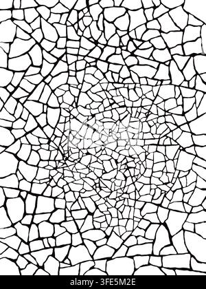 Illustration numérique d'une texture de mur de pierre fissuré noir et blanc abstrait avec des fractures centrales denses rayonnant vers l'extérieur. Banque D'Images