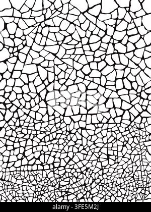 Illustration numérique d'une texture de mur de pierre fissuré noir et blanc abstraite présentant un réseau dense de micro-fissures Banque D'Images