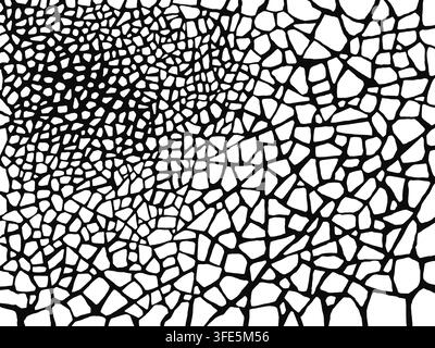 Illustration numérique d'une texture de pierre fissurée abstraite en noir et blanc avec des contours épais passant de micro-fissures à de grandes fractures. Banque D'Images