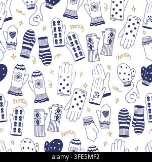Motif hiver sans couture avec des mitaines bleues et des gants tricotés décoratifs sur fond blanc. Illustration vectorielle. Texture Noël dessinée à la main pour Fab Illustration de Vecteur